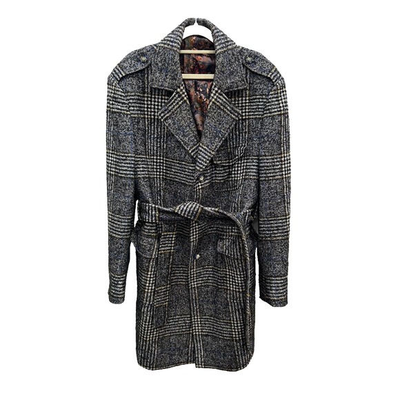 Tayon by Montee Holland Coat Men's 42 Short‎ Gray Plaid Wool Blend Belted Coat